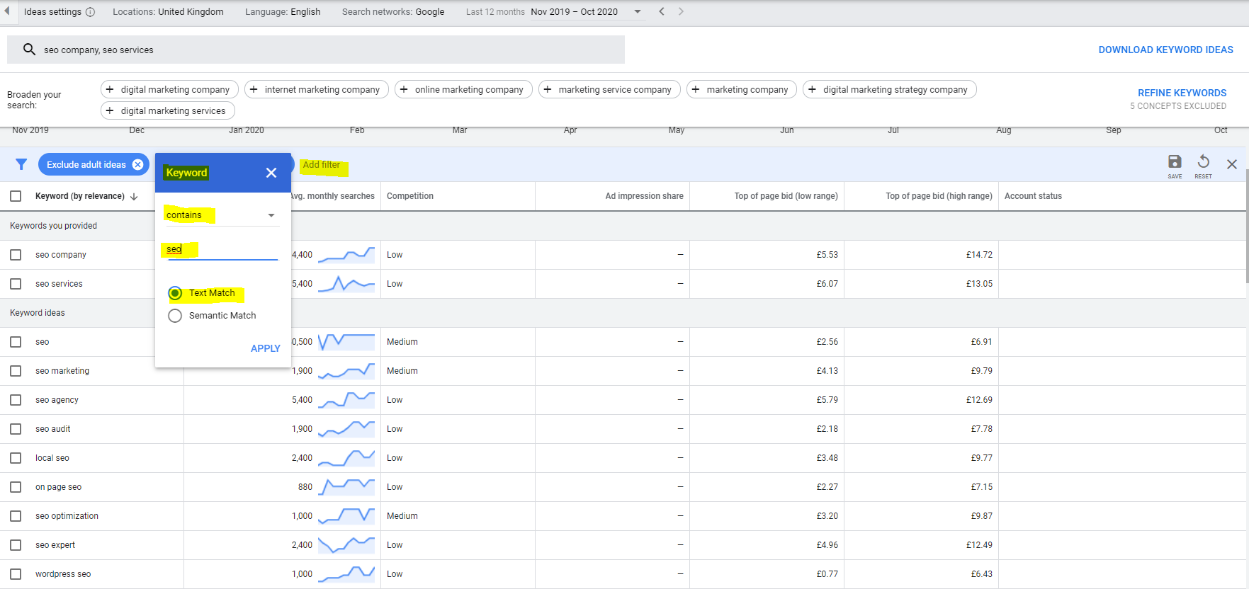 7 Google Keyword Planner Add a Filter